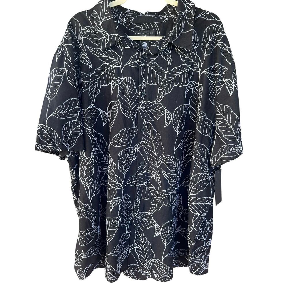 Shaquille O’Neal XLG Men’s 3XL Black White Embroidered Leaf Button Shirt NWT